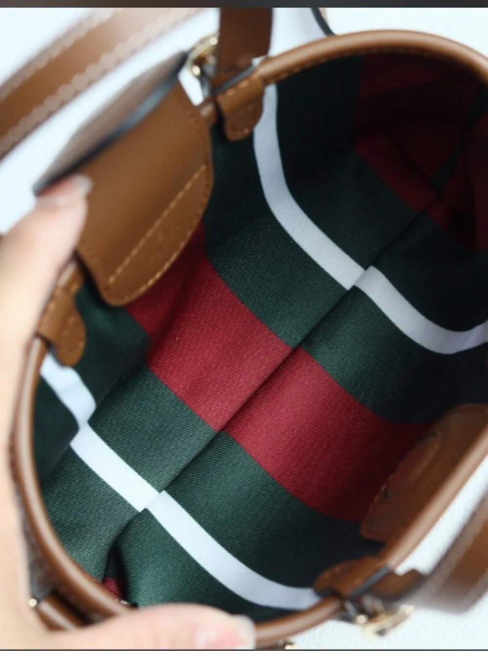 Gucci Beige GG Canvas Top-Handle Crossbody Bag with Brown Leather Trim